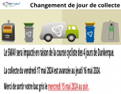 ⚠️  SMAV: Changement du jour de collecte en raison de la course cycliste des 4 jours de Dunkerque (Le jeudi 16 mai au lieu du vendredi 17 mai 2024).