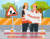 ⚠️ La route de Béthune, entre le rond-point du karting à Sainte-Catherine et le rond-point de la RD 25 sera fermée à compter du 24 février, pour 3 semaines.